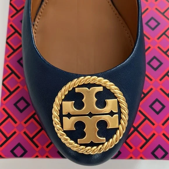 Tory Burch Benton 2 Ballet Flat Nappa Leather Royal Navy Rolled Brass 7.5 NWT - Picture 12 of 14